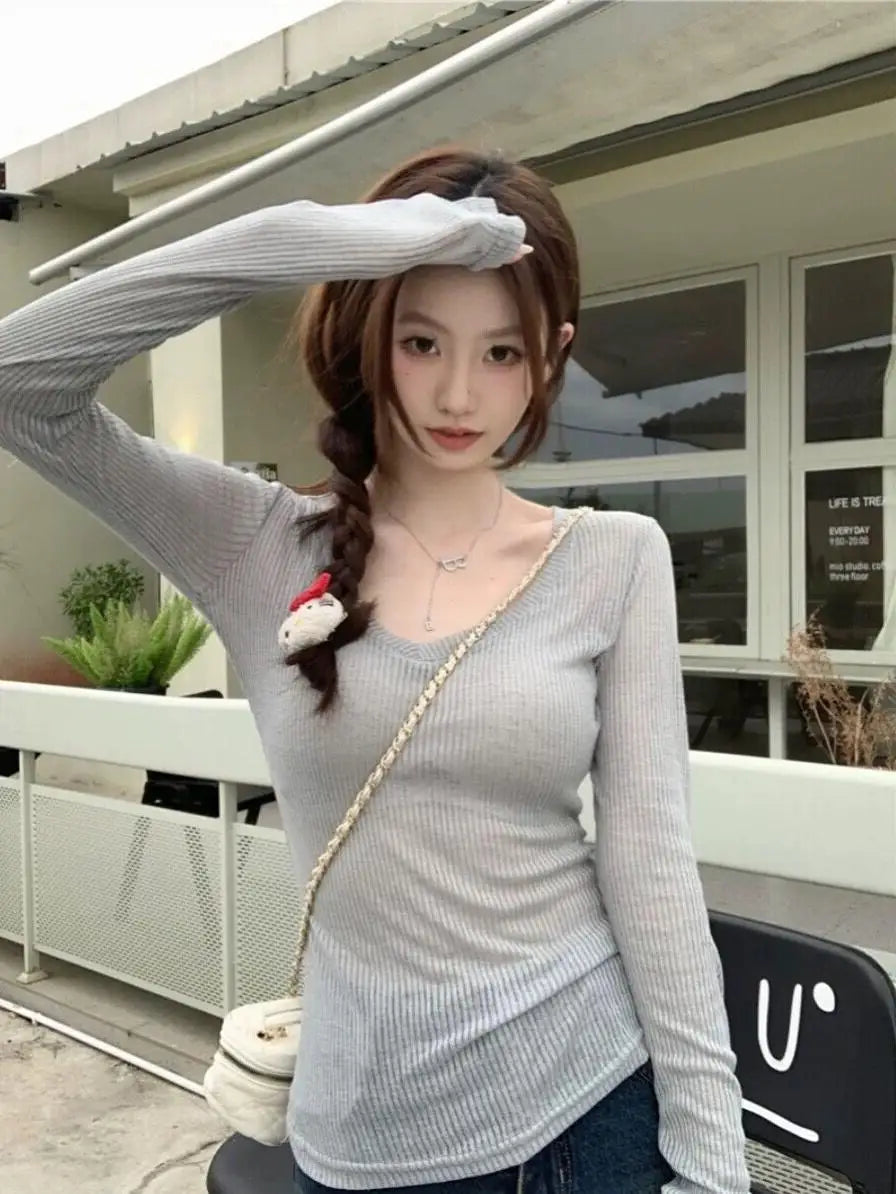 Slim Fit V-Neck Transparent Knitted Top for Women | Autumn 2024 Elegant Long Sleeve Thin Sweater | Classic Commuter Style