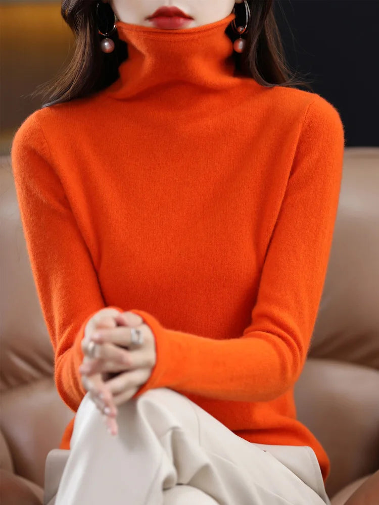 Women’s 100% Merino Wool Sweater – Autumn Winter Pile Collar Pullover Knitwear 🧶🍂