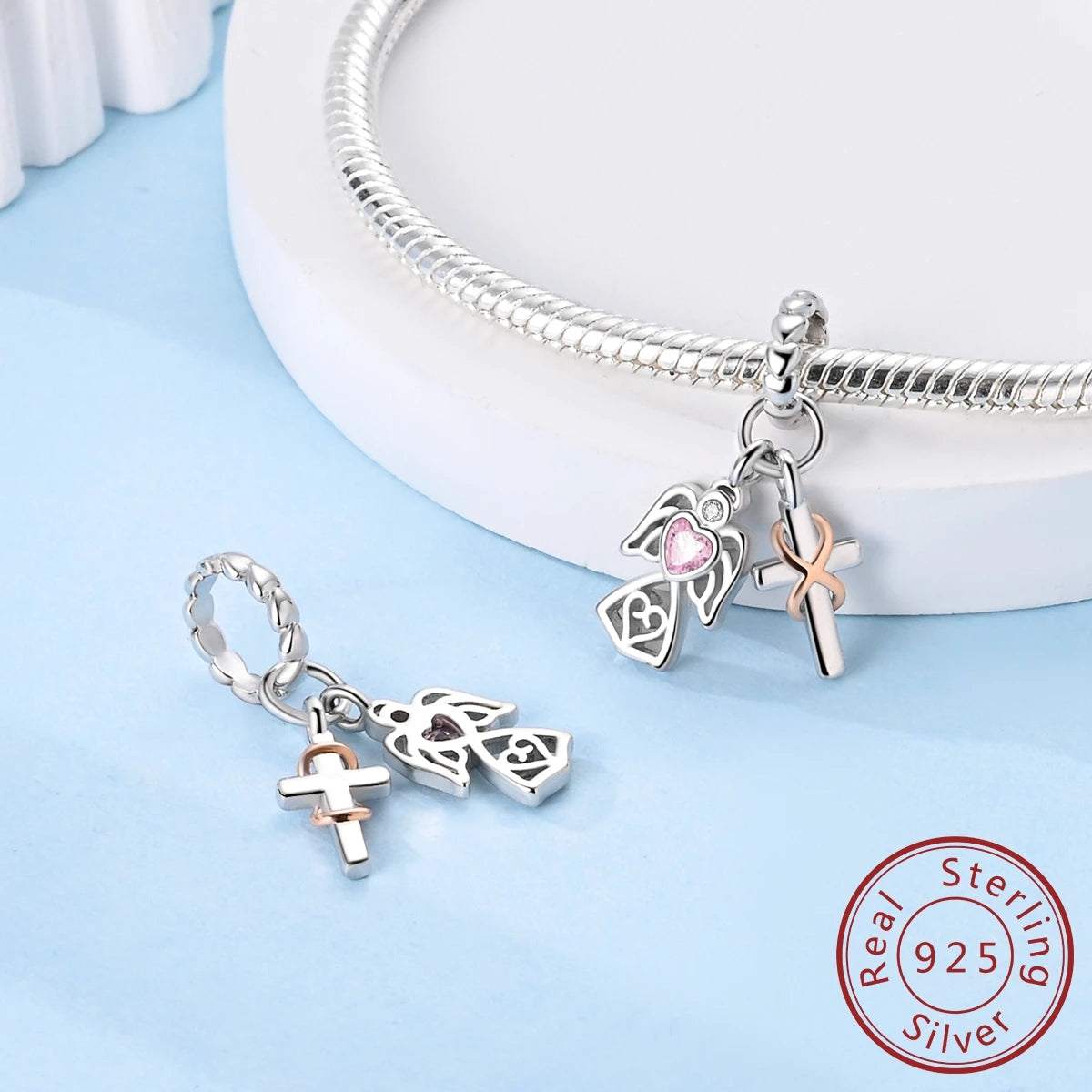 925 Sterling Silver Pink Zircon Heart Cross Charm | Fits Pandora Original Bracelet | Women’s Pendant DIY Jewelry Gift