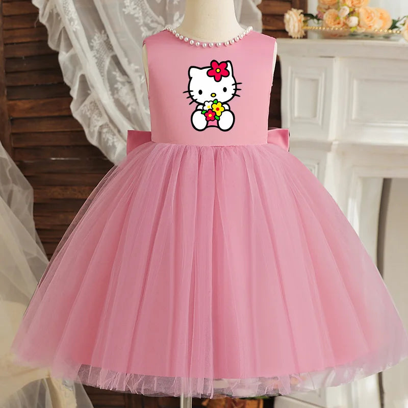 Hello Kitty Kids Pearls Elegant Princess Dress for Girls Backless Bow Baby 1st Birthday Baptism Tutu Gown Wedding Dress
