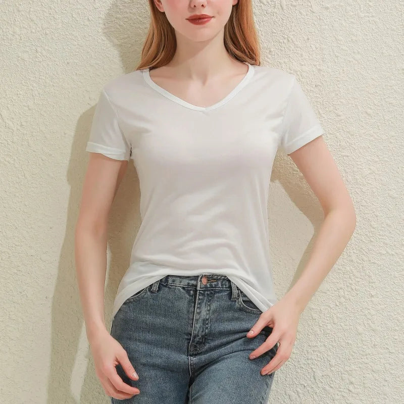 Spring Summer Women V-Neck T-Shirt – Slim Fit Short Sleeve Casual Solid Black & White Ladies Tee Tops