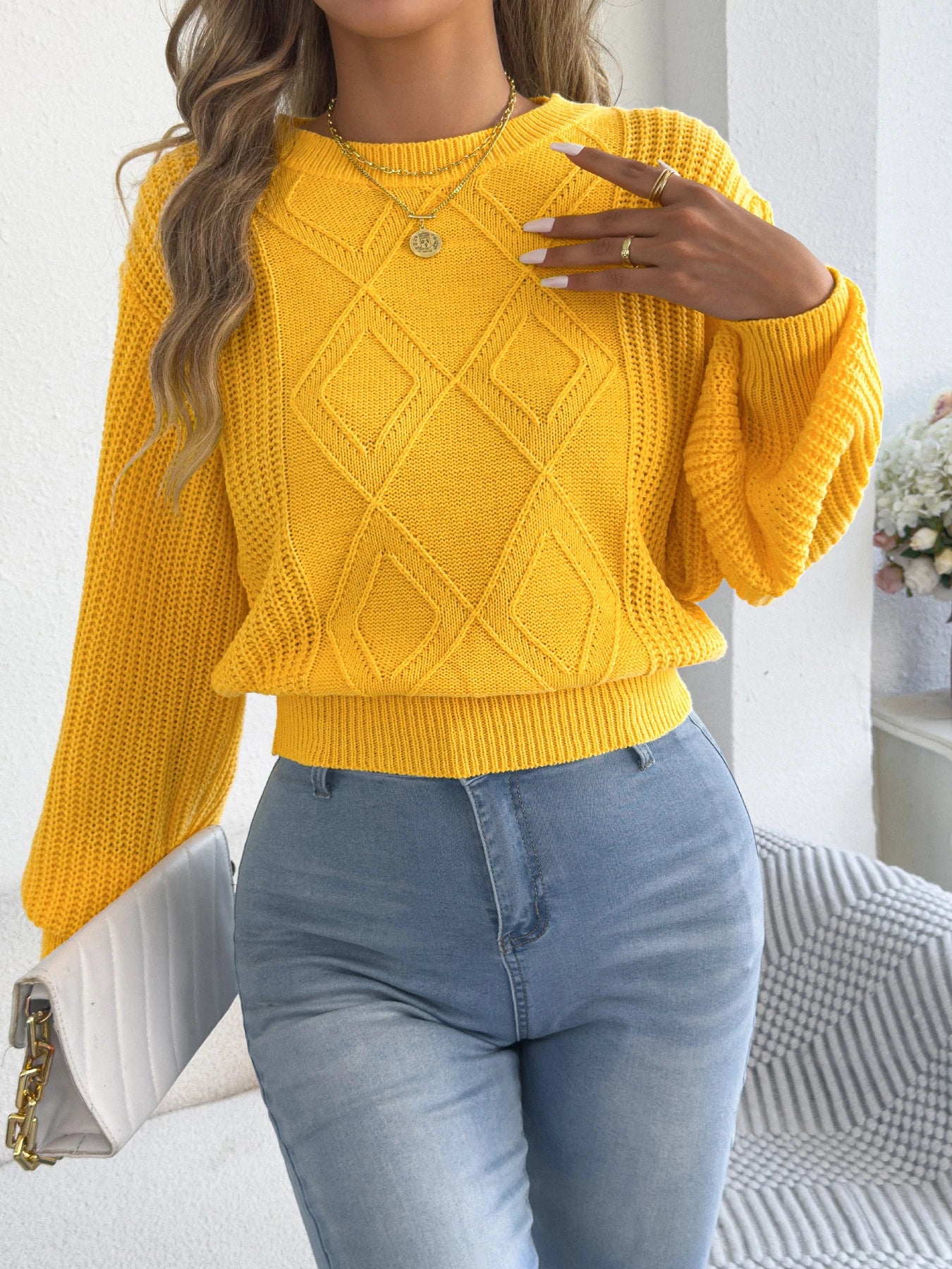 Women’s Round Neck Lantern Sleeve Knitted Sweater – Solid Color Autumn Winter 2025 Knitwear (Yellow, Red, Khaki)