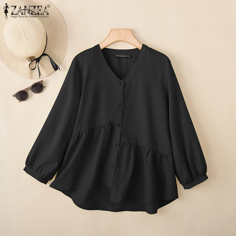 2025 ZANZEA Women’s Autumn Blouse – Casual V-Neck Long Sleeve Solid Button-Up OL Work Shirt 👚🍂