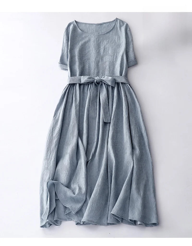Japanese Style Loose Cotton Linen Dress – Women’s Vintage A-Line Over-Knee Long Dress with Round Neck