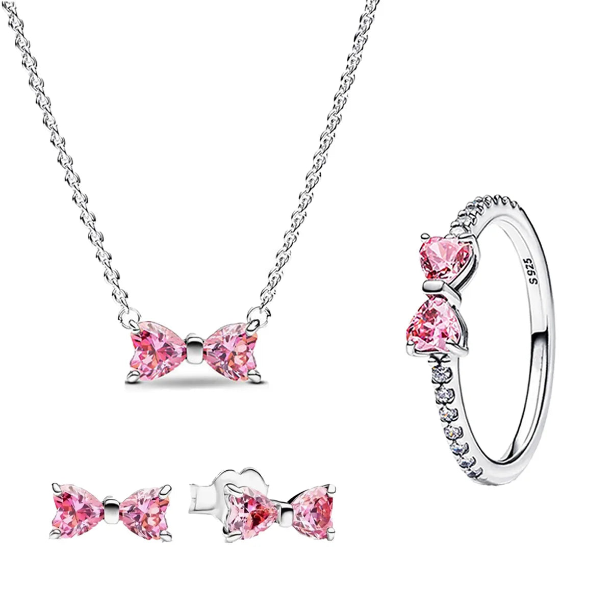 925 Sterling Silver Colorful Bow Necklace Ring Earring Set Crystal Jewelry for Women Gift