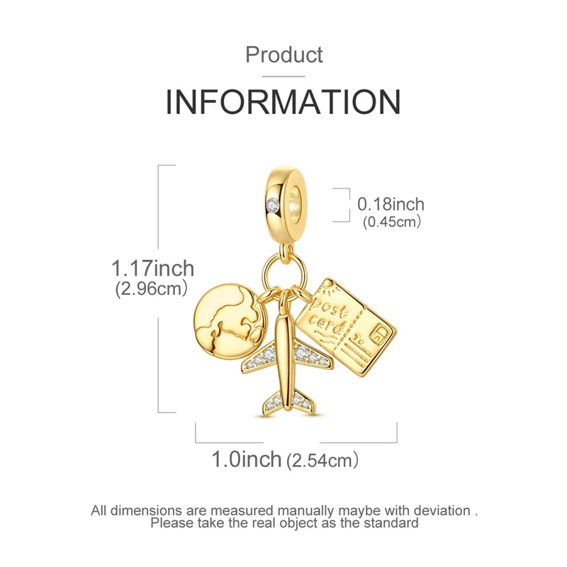 925 Sterling Silver Golden Charms Bow Cross Earth Passport Dangle | Fits Original Bracelet DIY Jewelry Gift for Women