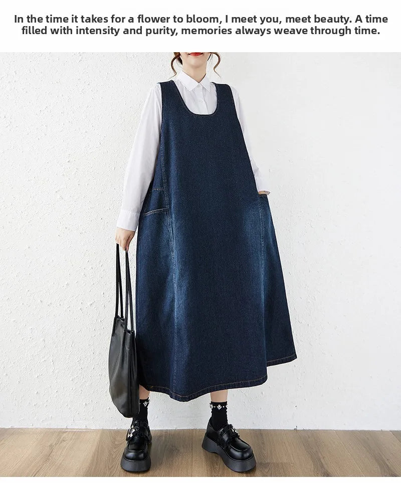 Loose Korean Style Plus Size Denim Vest Skirt – High Waist Over-Knee Slimming Cotton Jeans Corset Casual Dress for Women