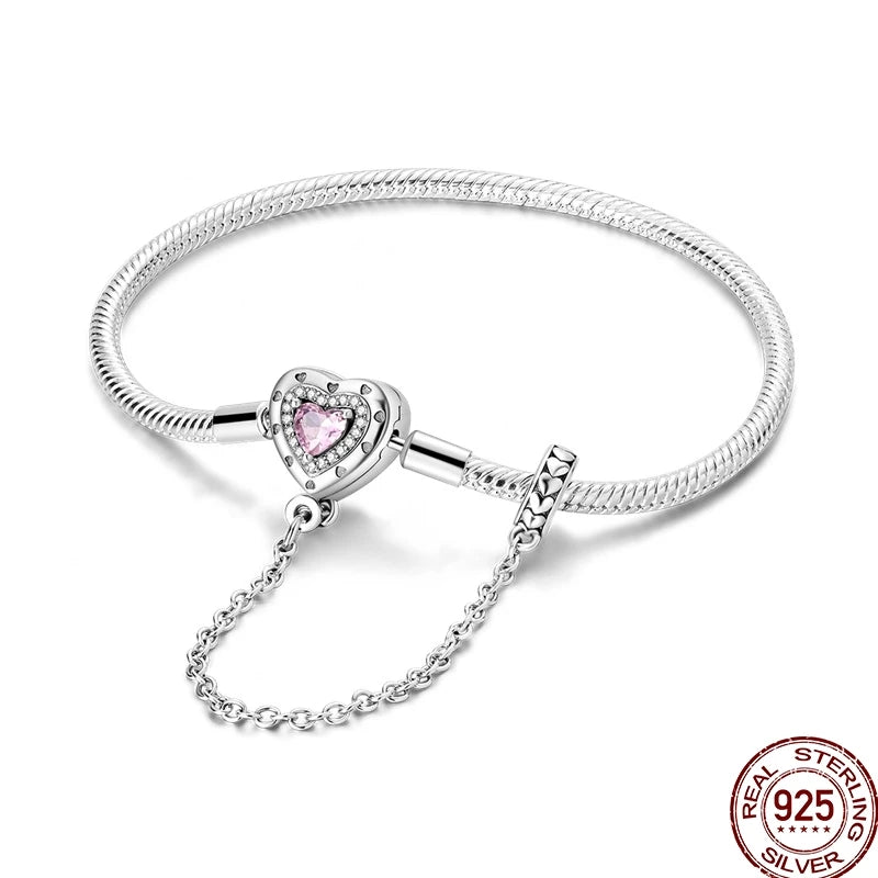 925 Sterling Silver Heart Moon Sun Clasp Charm Bracelet | 17–20CM Original Bracelet for Women | Fits Pandora DIY Beads Jewelry