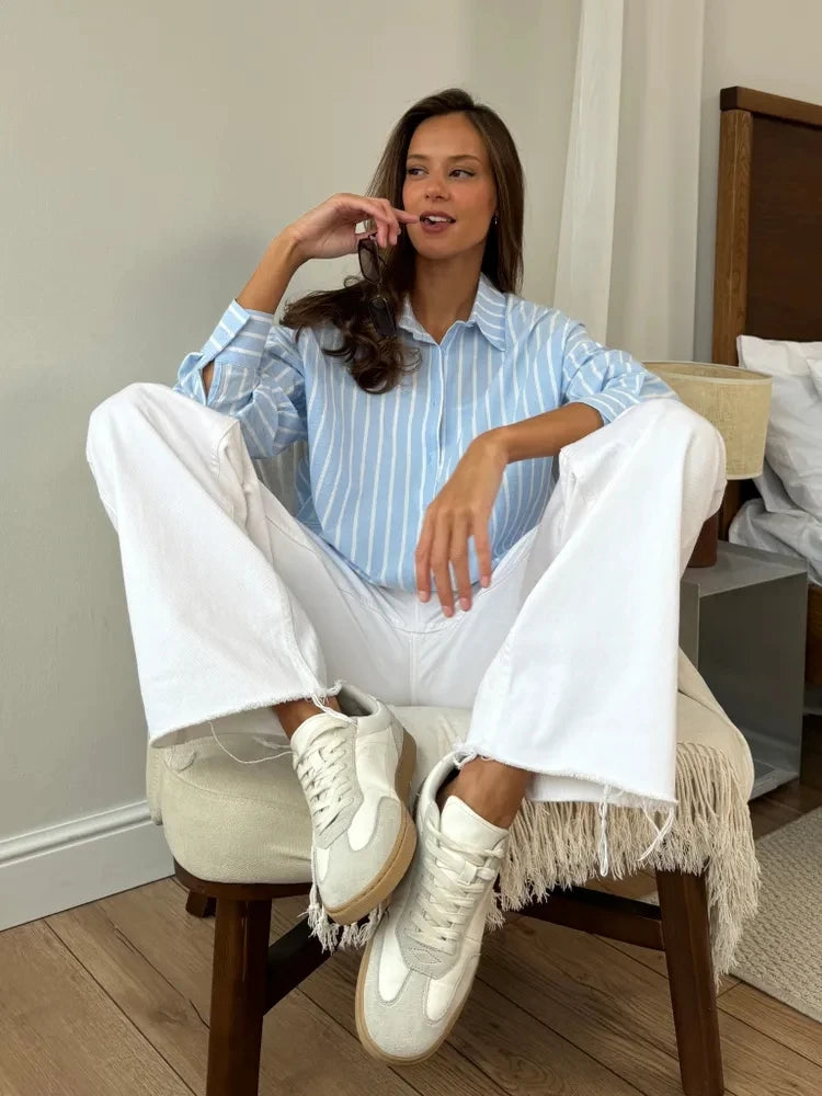 2025 Women’s Summer Striped Long Sleeve Shirt – Lazy Casual Breathable Cardigan Top