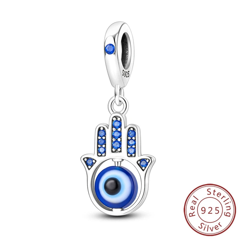 Blue 925 Sterling Silver Rotating Evil Eye Palm Moon Starry Sky Charms | Fit Original Bracelet Pendant Women Jewelry