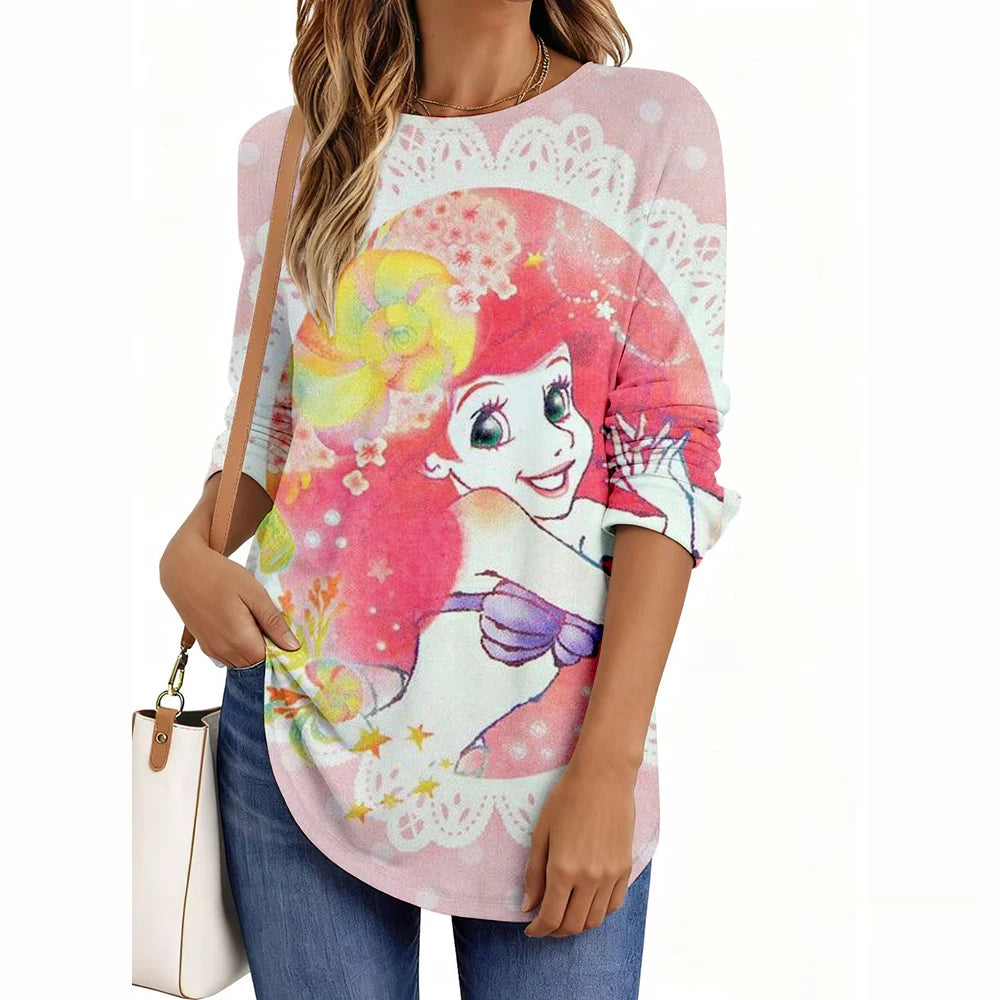 Disney Princess Print Women’s Long Sleeve Shirt – Casual Weekend Holiday Loose Elegant Top 👑✨