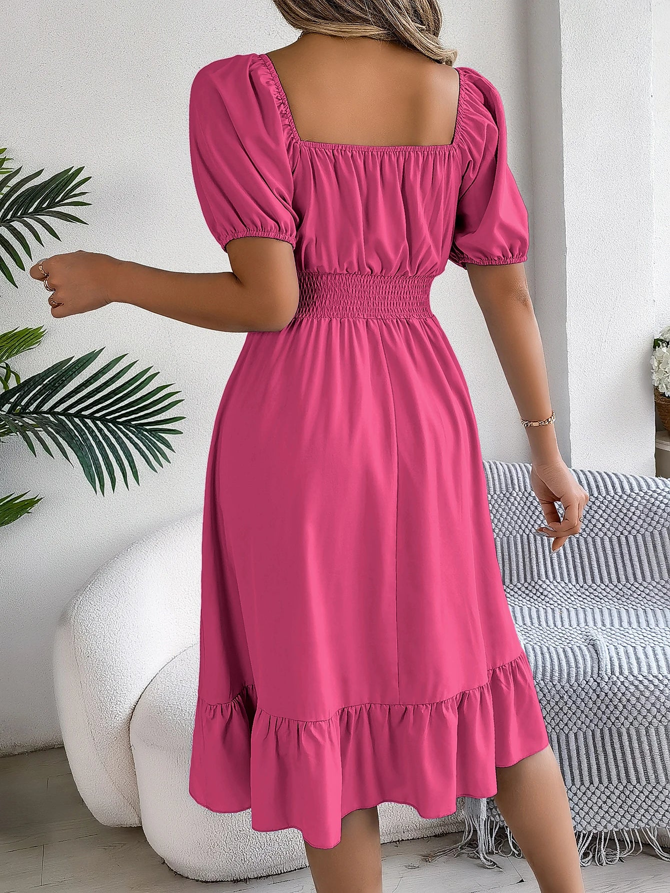 2026 Women’s Elegant High-Waisted Dress – Square Neck, Short Sleeve, Ruffled Edge Long Dress | Spring Summer Valentine’s Day