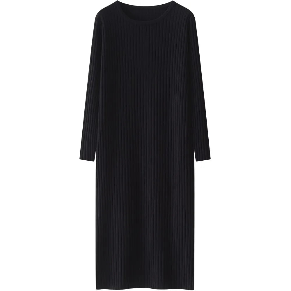 Elegant Knitted Midi Dress for Women – Knee-Length Base Layer Dress, Autumn Winter Polyester One-Step Skirt