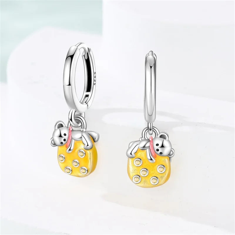 Original 925 Sterling Silver Fruit Series Earrings | Cherry & Strawberry Zircon Hoop Studs for Women Girls Party Jewelry