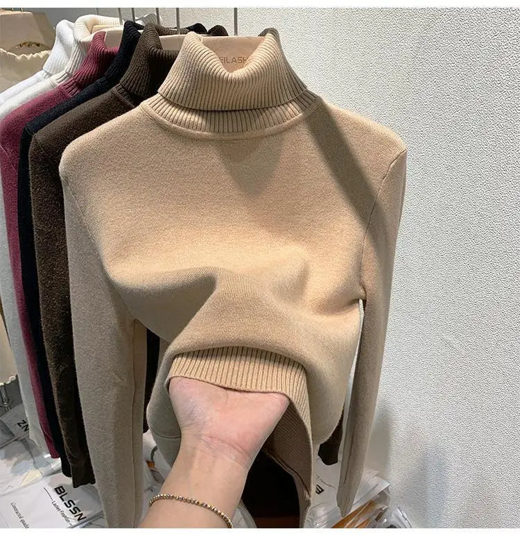 2025 Women’s High Collar Pullover Sweater – Thick Warm Soft Winter Top | Solid Color Bottoming Shirt