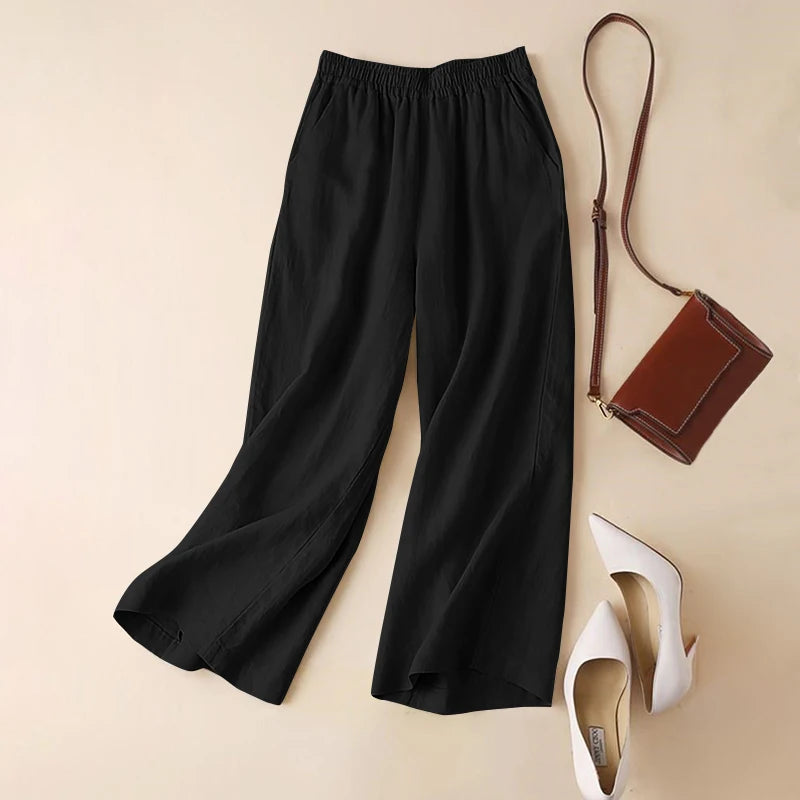 ZANZEA 2025 Women’s Cotton Linen Wide-Leg Pants | Summer Casual Elastic Waist Palazzo Trousers