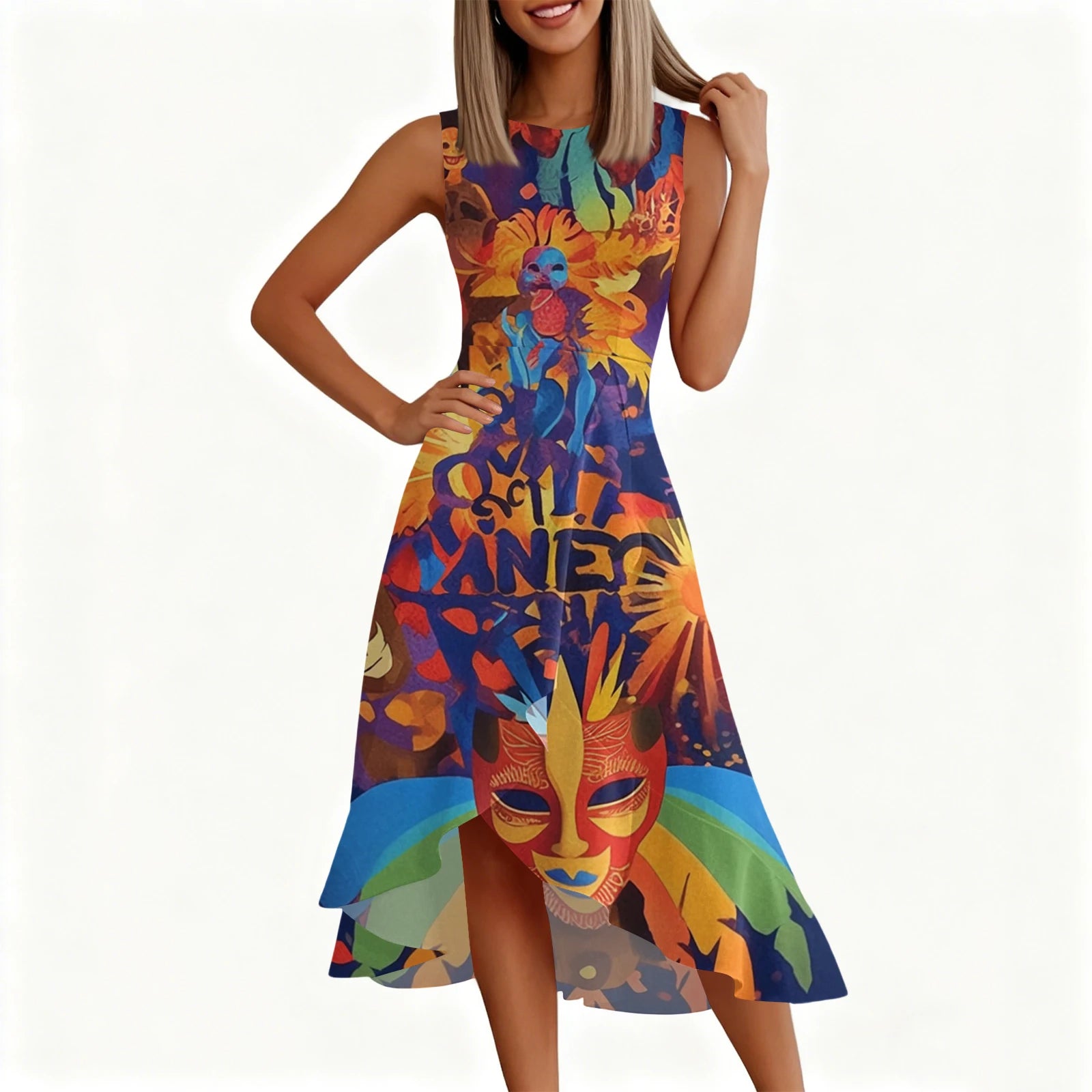 Carnival Women's Dress 🎉 Ruffled Printed Casual Dress 👗 Sleeveless Round Neck Stylish Festival Costume ✨