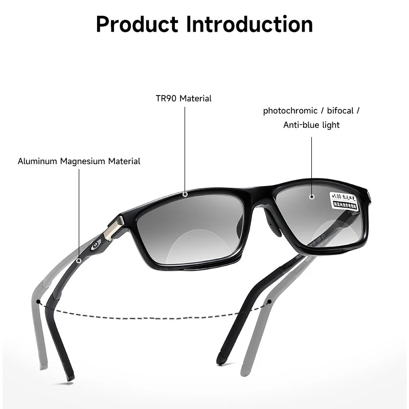 Anti-Blue Light Photochromic Bifocal Reading Glasses – Multifunctional Aluminum Magnesium Sports Eyewear for Men & Women