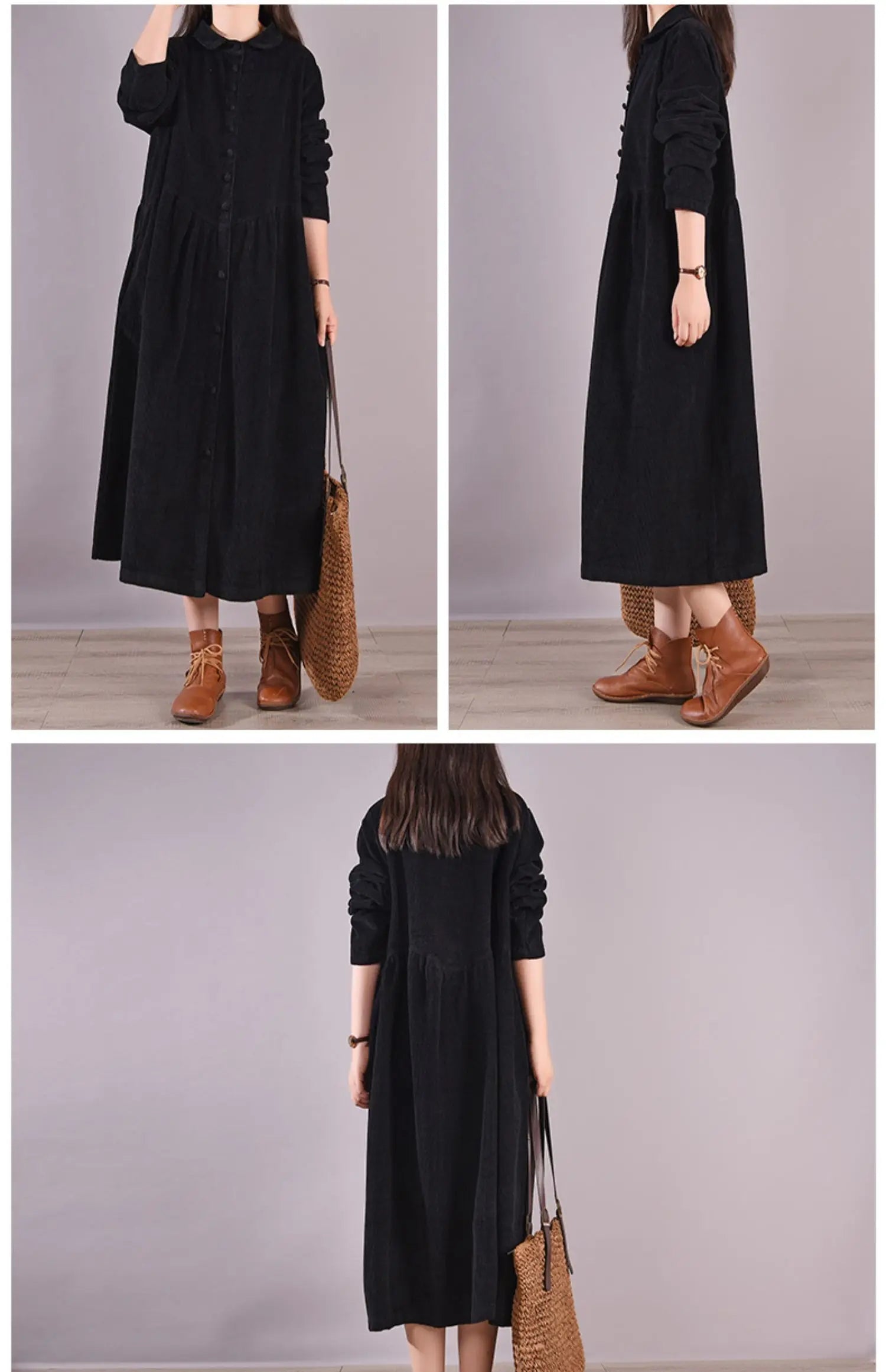Retro Japanese Style Long Sleeve Corduroy Dress – Thick Fleece-Lined A-Line Winter Dress for Women | Solid Color