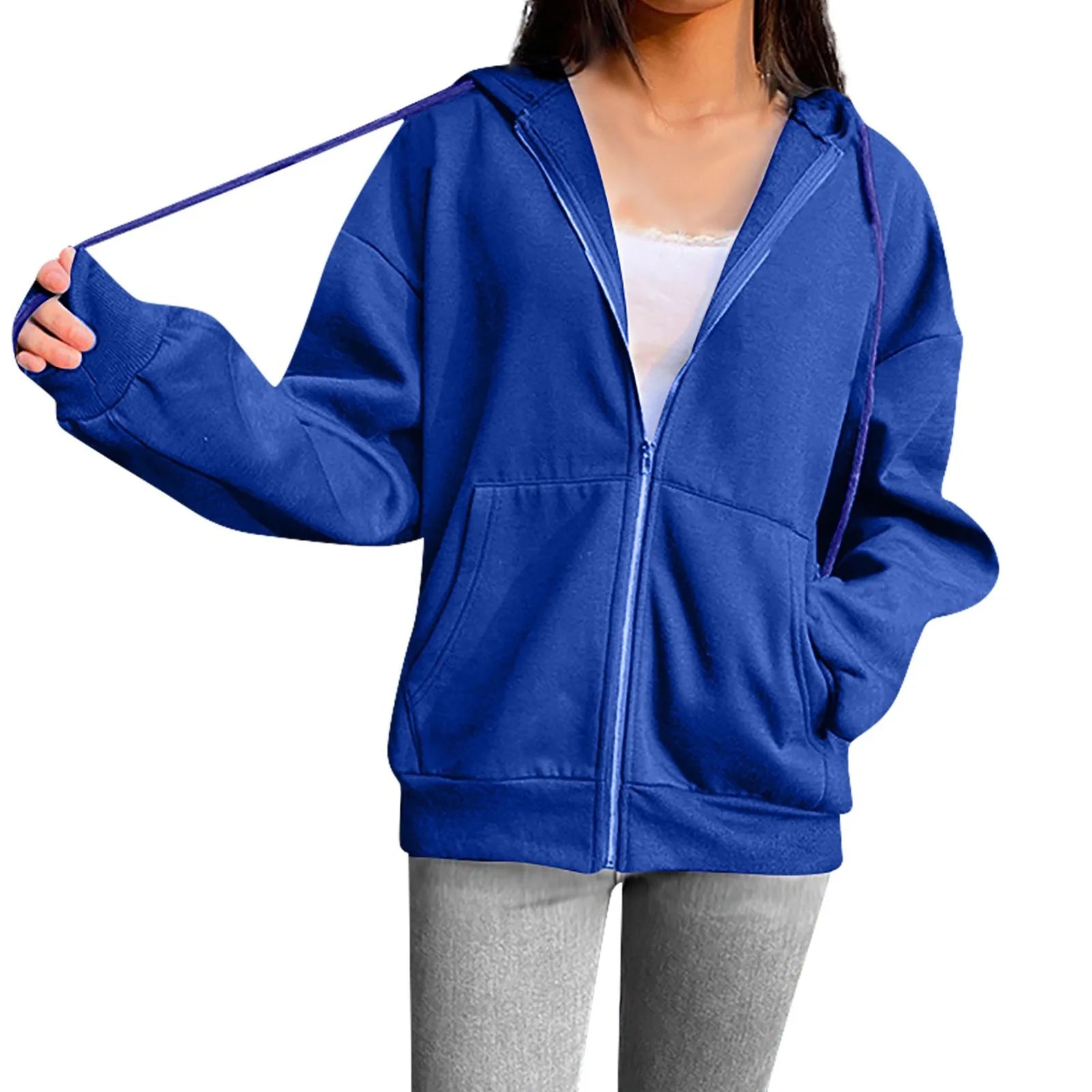 Spring Autumn Women Solid Color Hooded Sweatshirt Coat | Zipper Pocket Hoodie Jacket | Casual Outerwear Femme