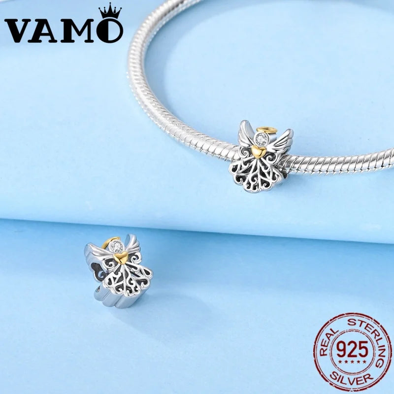 VAMO 925 Sterling Silver Holy Angels Charm Beads – Zircon Pendants for Bracelet Women Gift