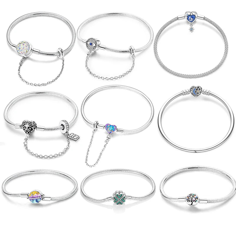 925 Sterling Silver Heart Moon Sun Clasp Charm Bracelet | 17–20CM Original Bracelet for Women | Fits Pandora DIY Beads Jewelry
