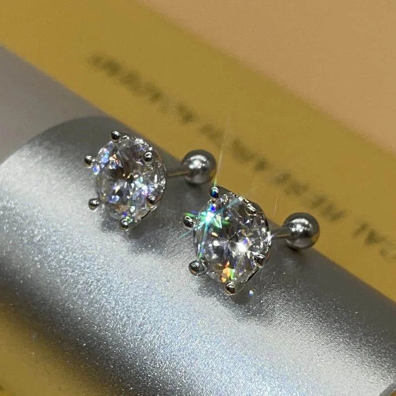 BIJOX STORY 925 Sterling Silver Moissanite Screw Stud Earrings – D Color Diamond Wedding Jewelry