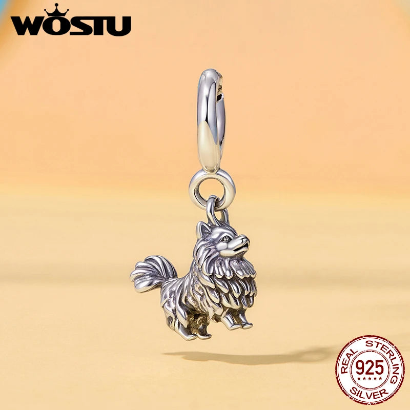 WOSTU 925 Sterling Silver Pet Dog Charm Pomeranian Yorkshire Terrier Pendant for Women Bracelet