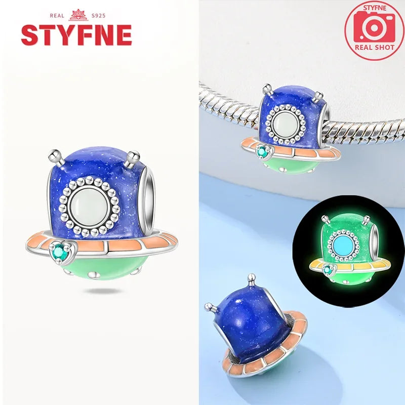 925 Sterling Silver Luminous Rabbit Astronaut Spaceship Charm – Fits Original Bracelet DIY Jewelry Gift for Women