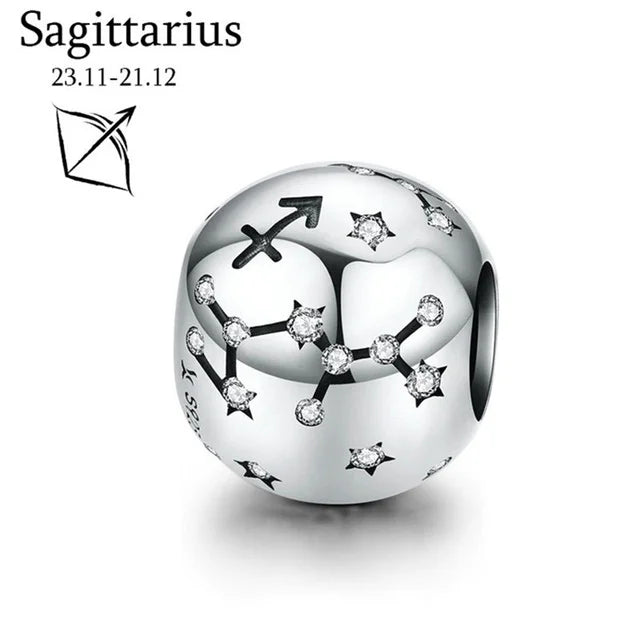 New 925 Sterling Silver Zodiac Constellation Beads | Round Pendant Charms for Women’s Bracelets & DIY Jewelry