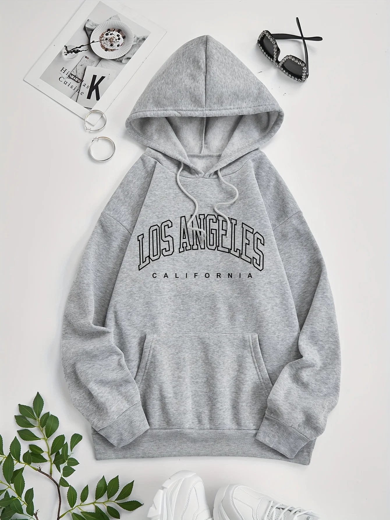 Women’s Los Angeles Print Fleece Hoodie | Warm Casual Sports Sweatshirt | Autumn Winter Loose Fit with Pocket