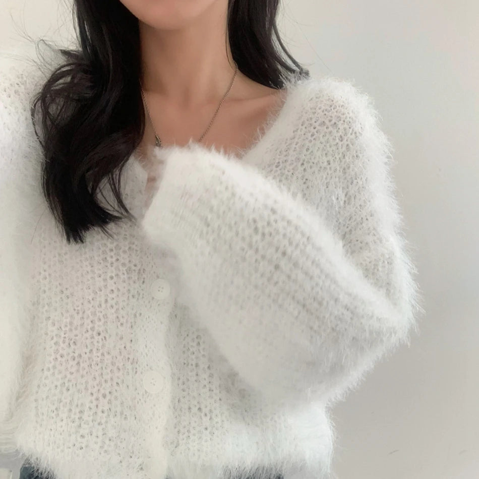 Chic V-Neck Knitted Sweater Coat for Women 🧥✨ Faux Fur Lazy Style Cardigan 💖 Autumn Winter Fashion Outerwear