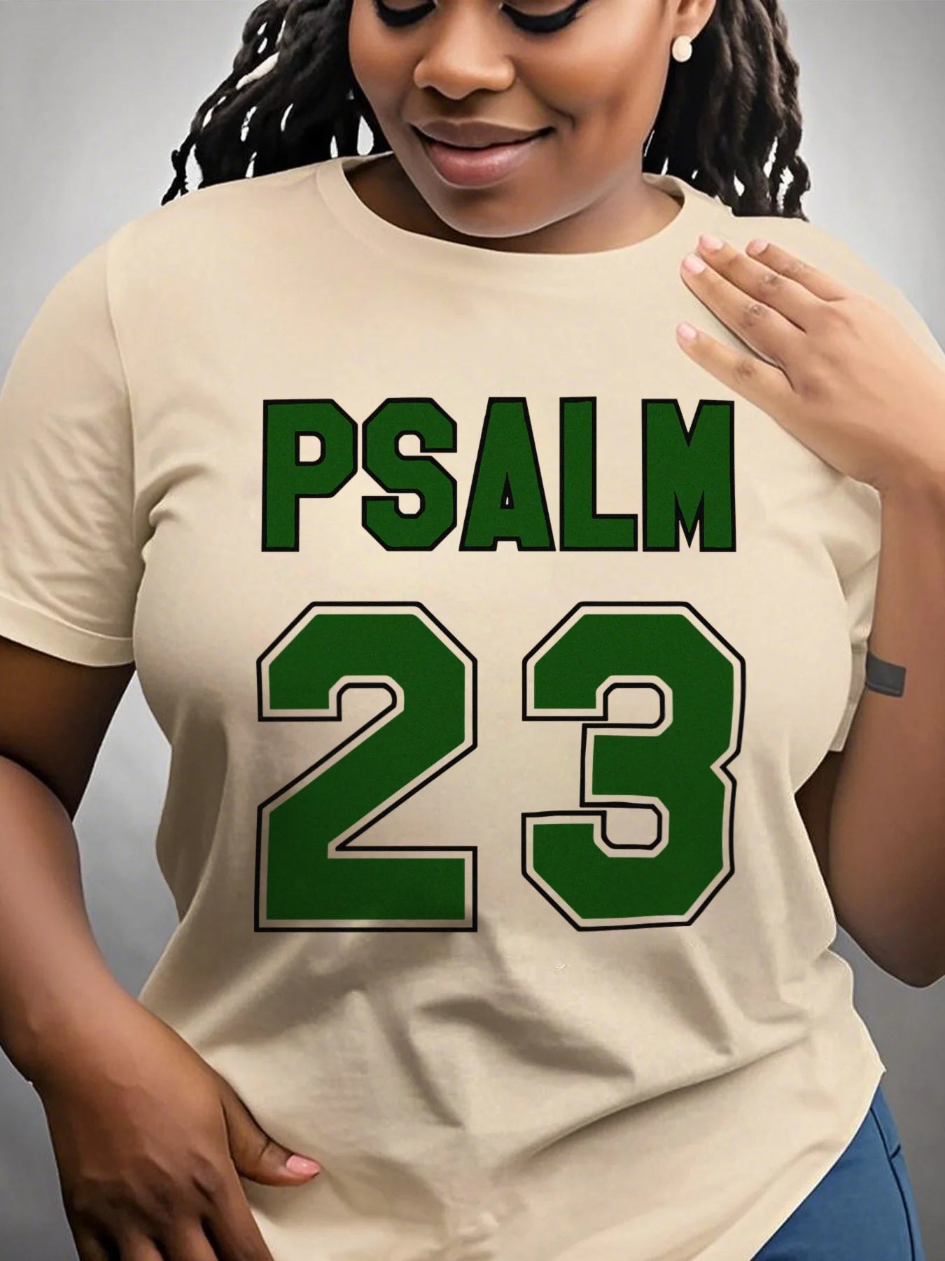 Women’s Psalm 23 Oversized Jersey T-Shirt – Casual Short Sleeve Round Neck Tee with Bold Green Lettering