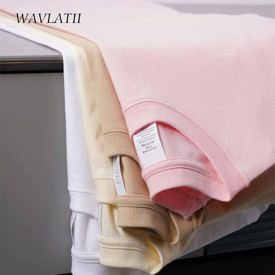 WAVLATII 100% Cotton Solid T-Shirts for Women | Oversized Casual Summer Tees | Pink & White Short Sleeve Tops WT2401