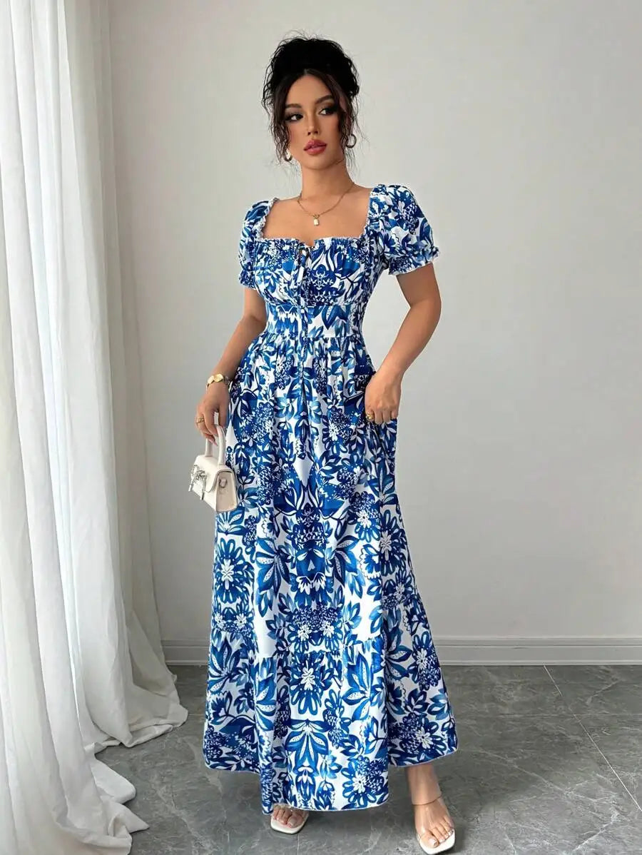Elegant Women’s Floral Print Bubble Sleeve Dress – Blue Long Dress with Front Tie, Back Gathered Waist | Casual Vacation Dress