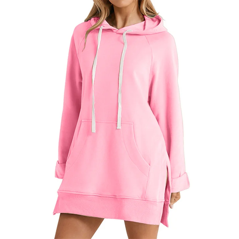 Women’s Hoodie Dress | Loose Mid-Length Pullover | Slit Hem Hooded Top with Pocket