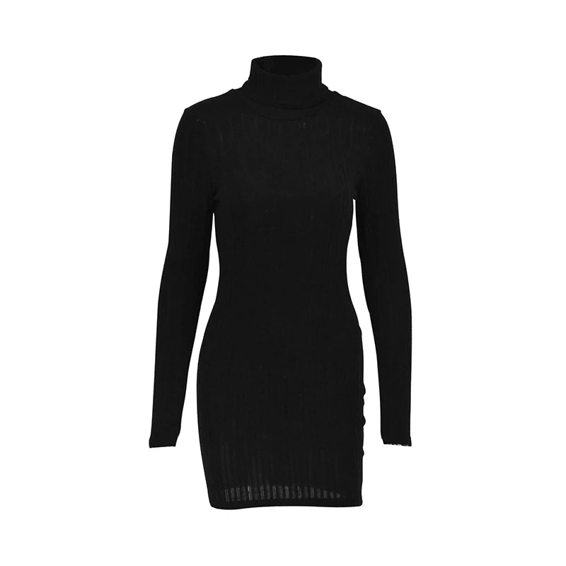 Women’s Autumn Winter Turtleneck Bodycon Mini Dress – Long Sleeve Solid Sheath Sexy Club Party Knitted Dress