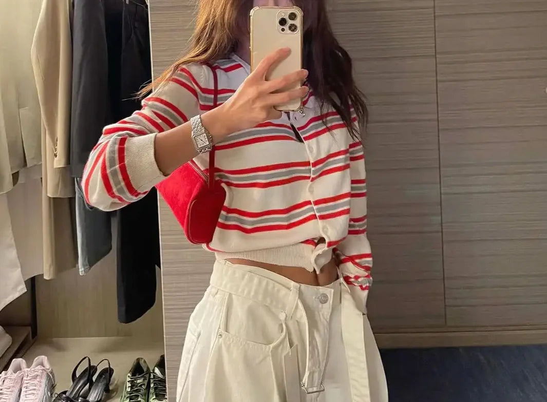 Women's Striped Knitted Cardigan | Chic Spring Button-Up Sweater | Soft Classic Open Front Knitwear