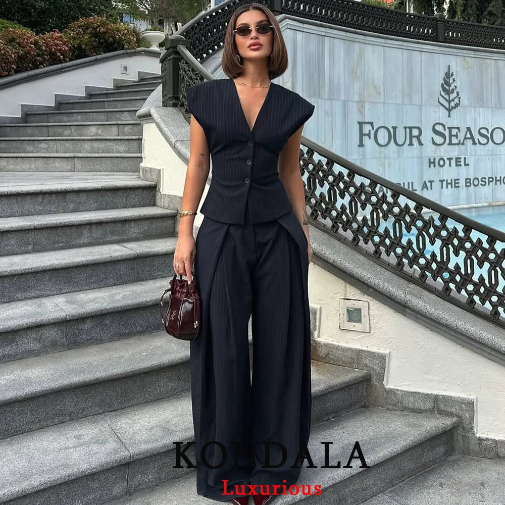 KONDALA Vintage Striped Print Women Suit – V-Neck Slim Vest + High Waist Wide-Leg Pants 2025 Autumn Office Set 🍂👩‍💼✨