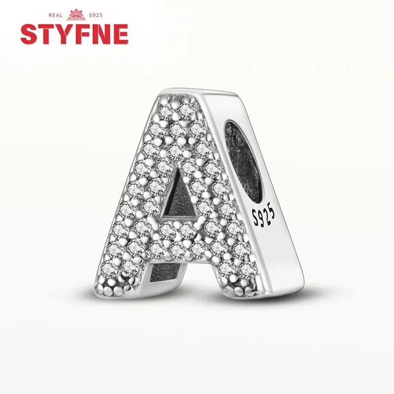925 Sterling Silver Alphabet Letter Charm Beads with Shiny Zircon – A-Z Initial Beads for Pandora DIY Bracelet & Women’s Jewelry