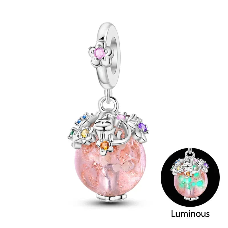 925 Sterling Silver Luminous Fairy Cat Owl Dragon Glass Charm | Original Design Bead for Bracelet DIY Jewelry