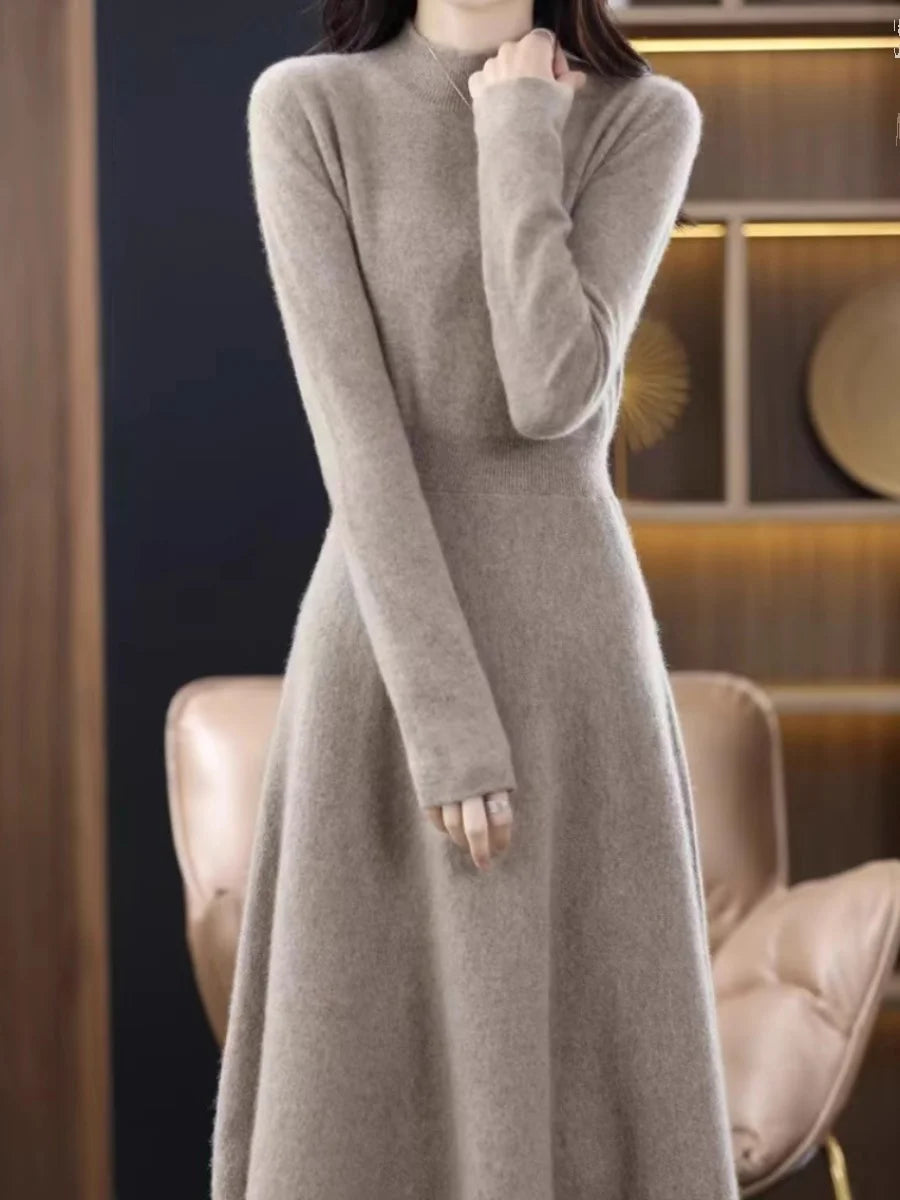 Women’s Mid-Length Knitted Wool Dress – High Collar Long Sleeve Casual Autumn Commute Dress for Ladies