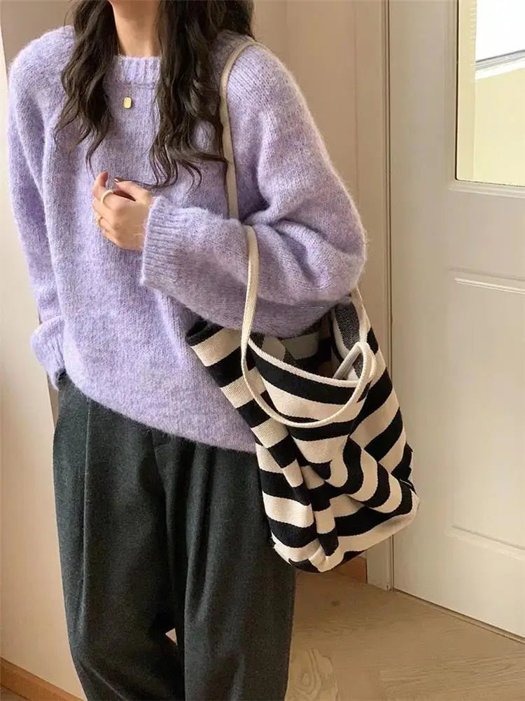 Loose Women’s Blue Sweater | Korean Casual Knitwear | Spring Autumn Round Neck Pullover