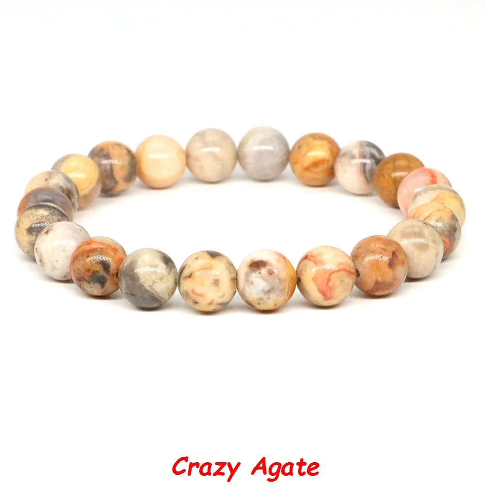 Natural Stone Healing Crystal Bracelet | Amethyst, Quartz & Agate Round Beads Elastic Stretch Bangle for Women & Men