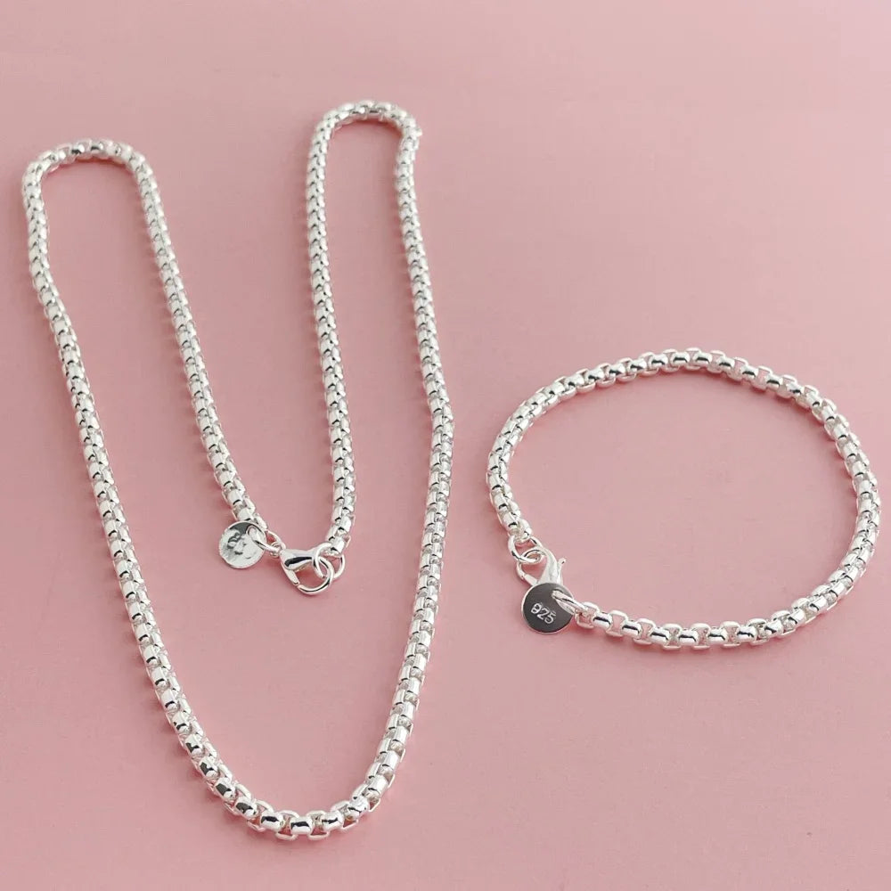 925 Sterling Silver 4MM Round Box Chain Bracelet & Necklace Set – Men & Women