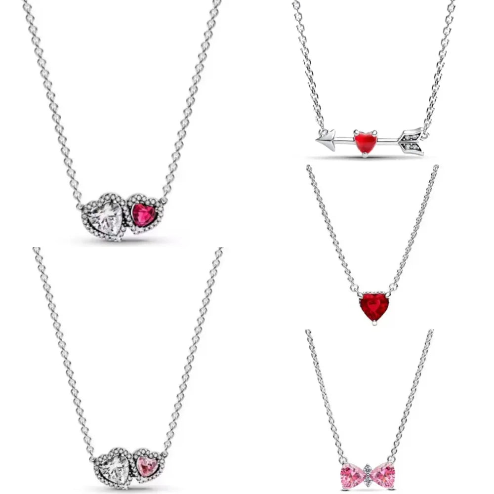 High Quality 925 Sterling Silver Heart, Bow & Square Necklace | Exquisite Women’s Holiday Charm Jewelry Gift