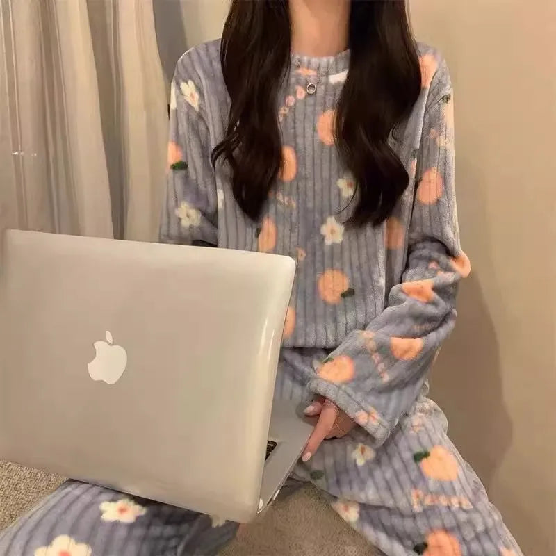 Adorable Sweet Coral Fce Thiened Autumn Winter Spwear Women's Casual Home Clothes Set Long Pants Comfortable Leisure ...