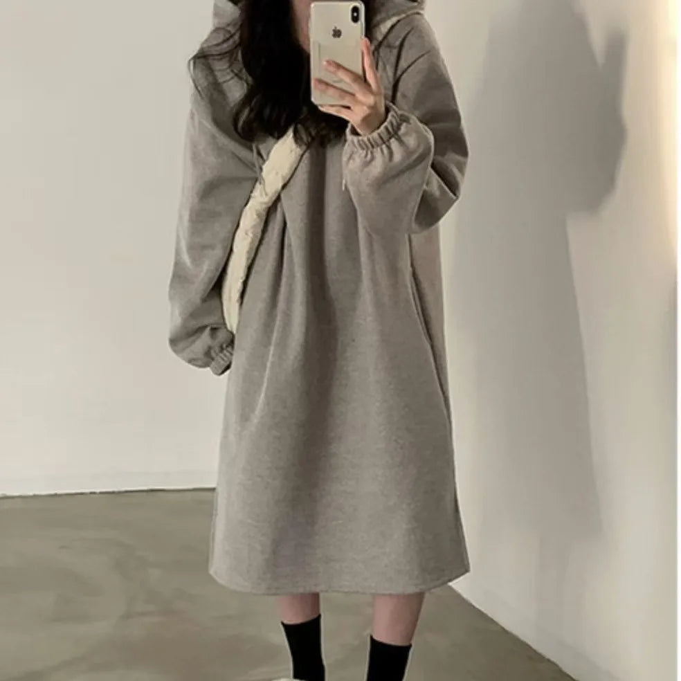 Chic Winter College Long Hoodie Dress ❄️ Lazy Fleece A-Line Side Slit Dress 👗 Pure Color Polyester Fiber 🧵