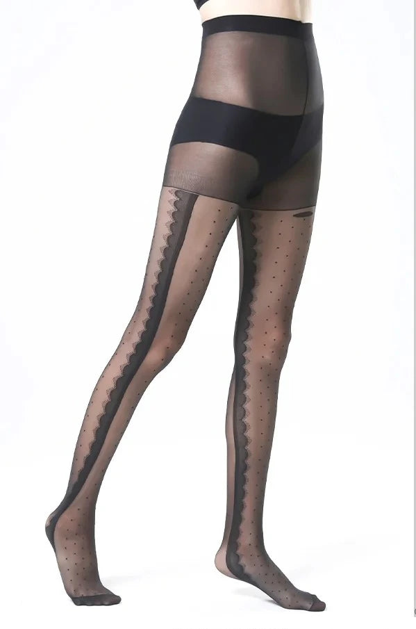Women's Striped Lace Tights – Sheer Jacquard Dot Pantyhose with Side Seam Detail, 20 Denier for Transitional Seasons