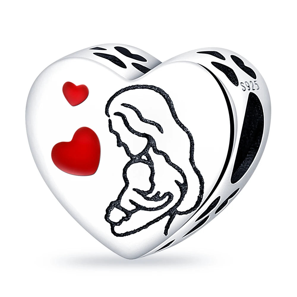 925 Sterling Silver Mother Daughter Love Embrace Pendant Charm | Heart Shaped Bracelet Bead DIY Fine Jewelry Gift